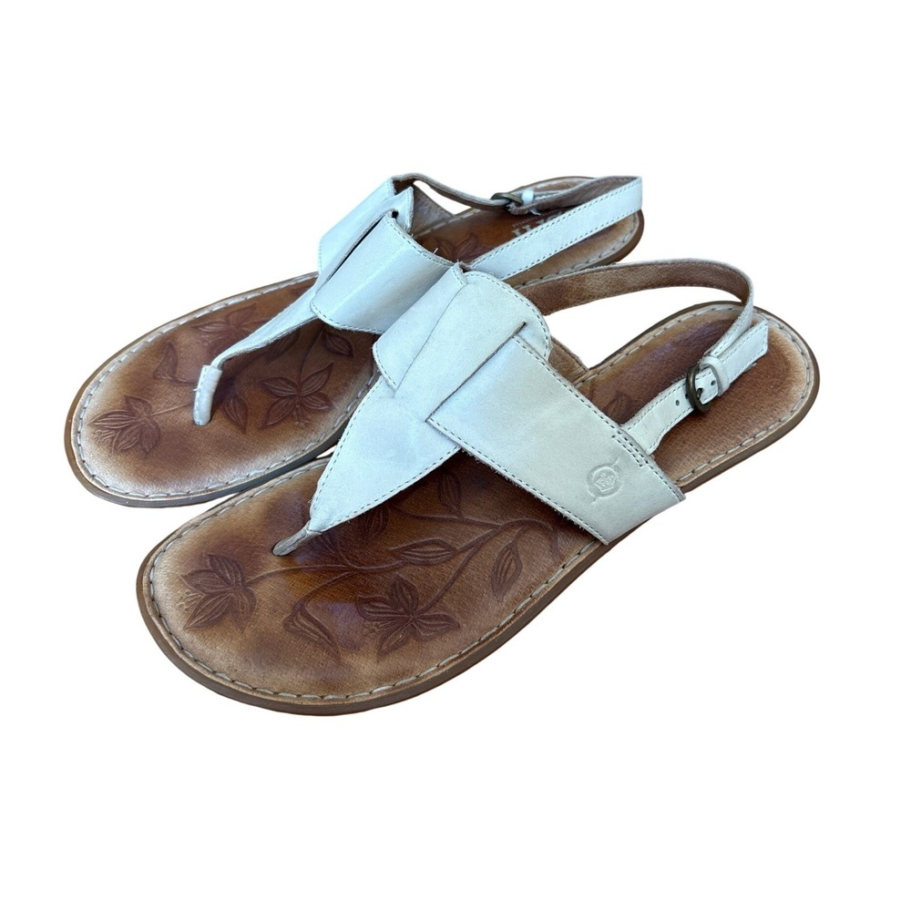 Born‎ Thong Sandals Womens Cream Leather Floral Embossed Slingback SIZE 9 - Picture 1 of 7